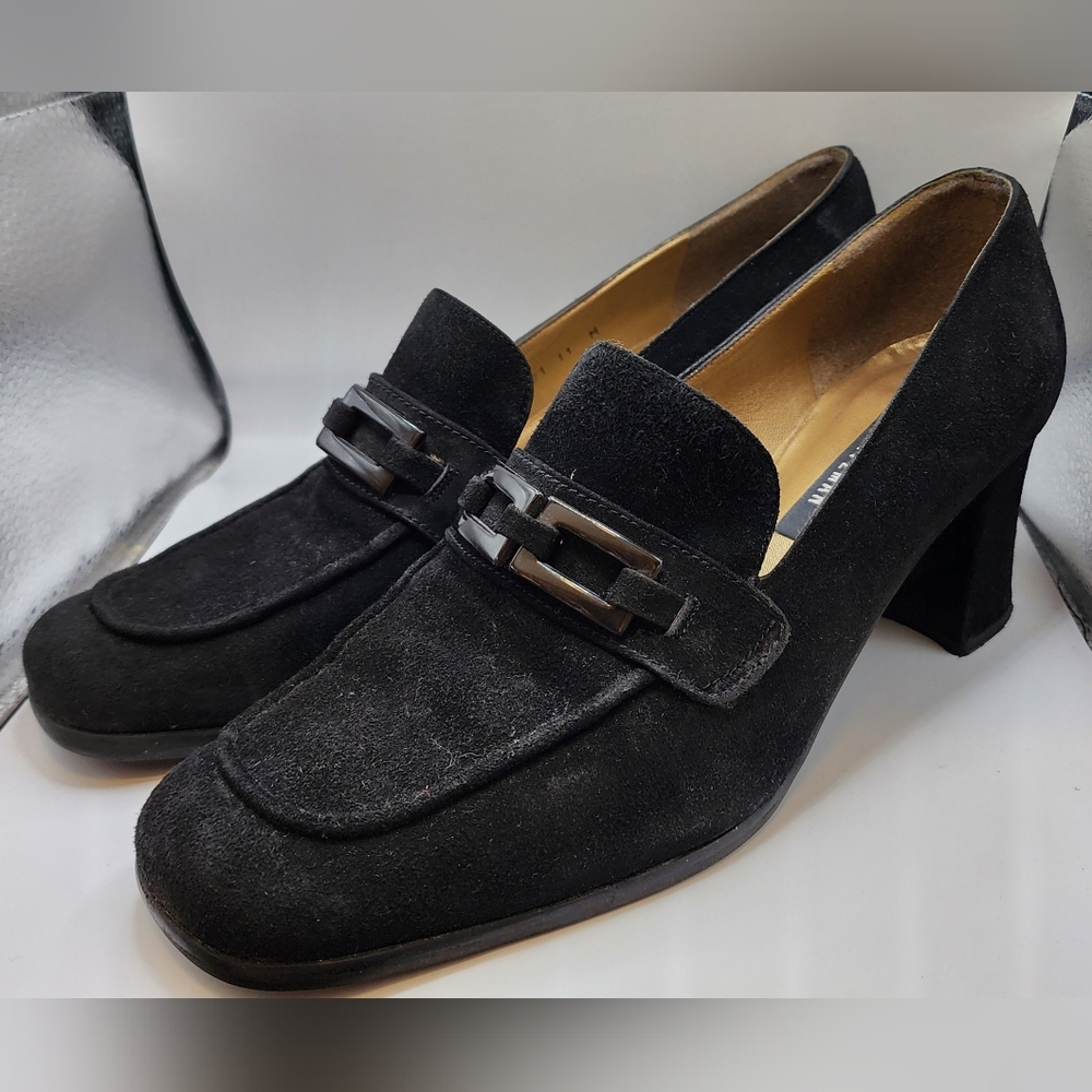 Stuart Weitzman Black Suede Chunky High Heeled Loafer Dress Shoes 3" Heel 10M